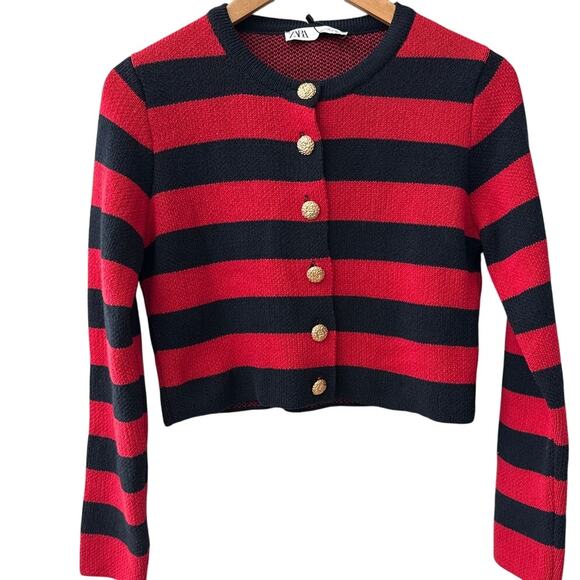 Zara Stripes Cropped‎ Sweater Cardigan Red & Navy Size Medium - Picture 3 of 9